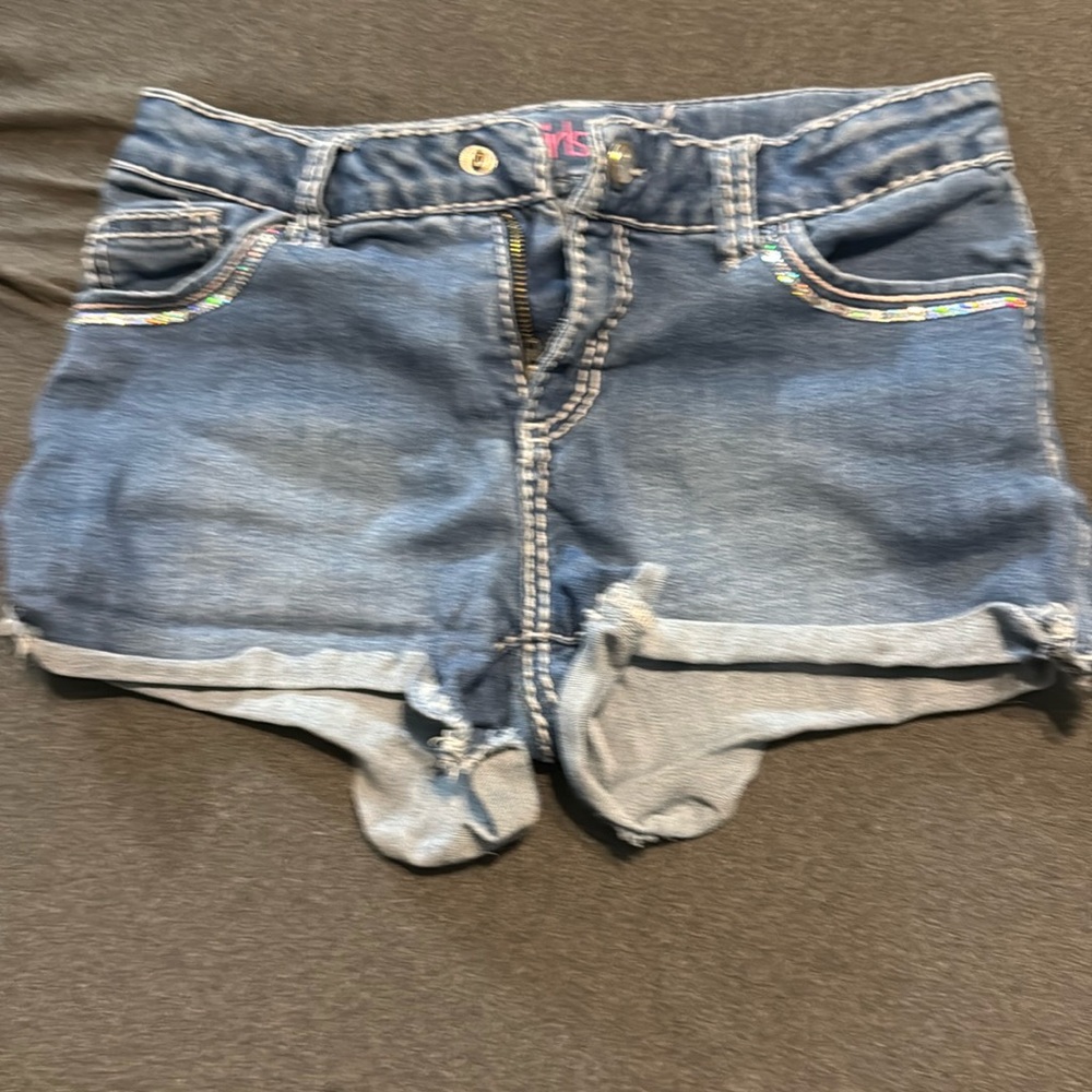 “girls first” denim shorts